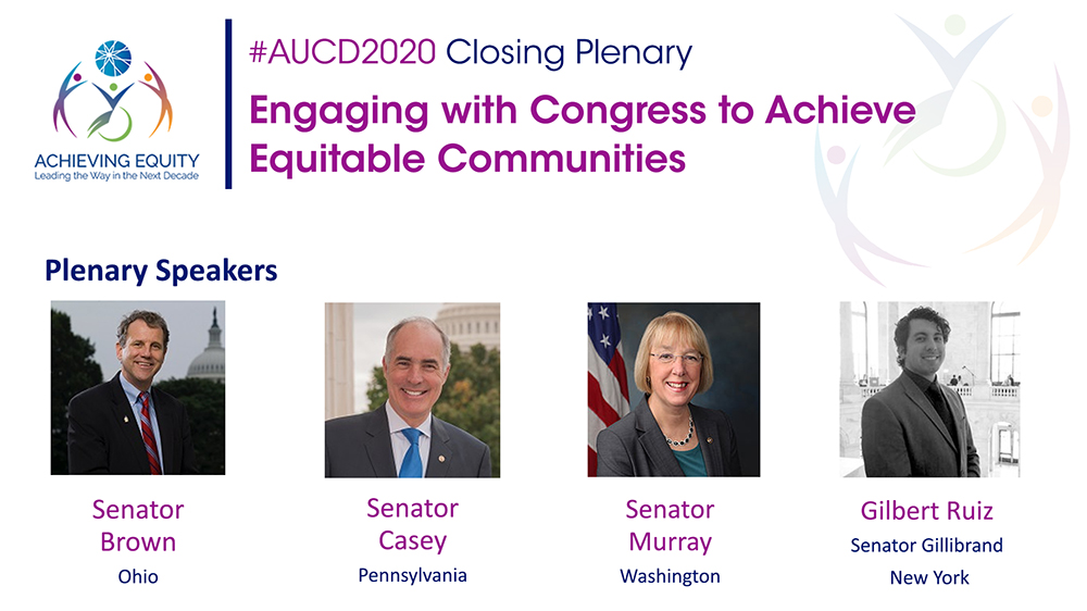 AUCD 2020 Conference banner with photos of Senator Brown, Senator Casey, Senator Murray, and Gilbert Ruiz 